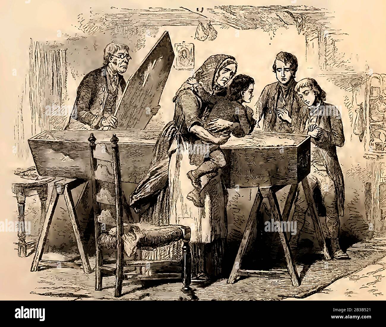 Death was very much part of life in Victorian magazine illustration where an open coffin is typically laid on trestles in the parlour of the house and relatives (including children) each take their turns to say their goodbyes to the dead relative. Stock Photo