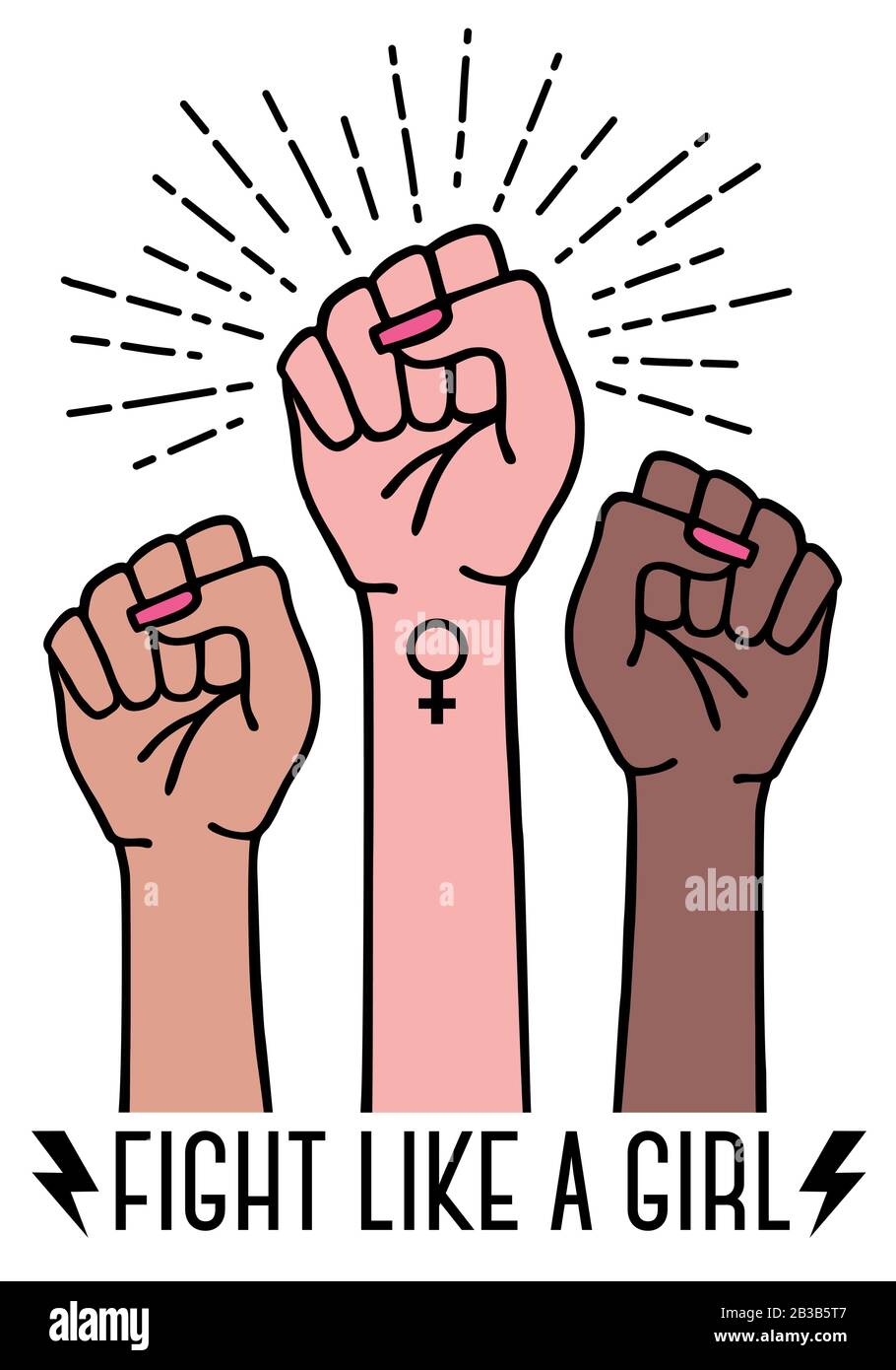 Different Feminist Hands With Female Sign Fight Like A Girl Feminism Concept Vector 