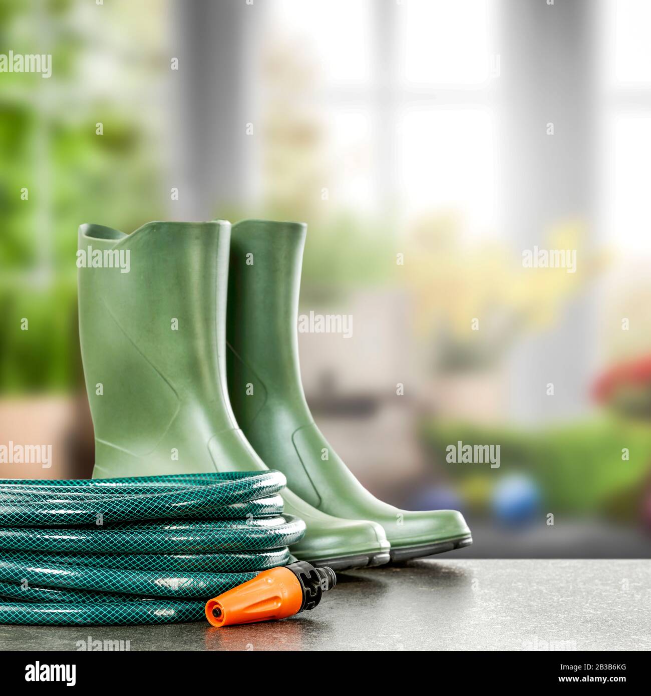 Spring time in the garden. Gardening equipment with blurred idyllic rural picture background outside the window. Stock Photo