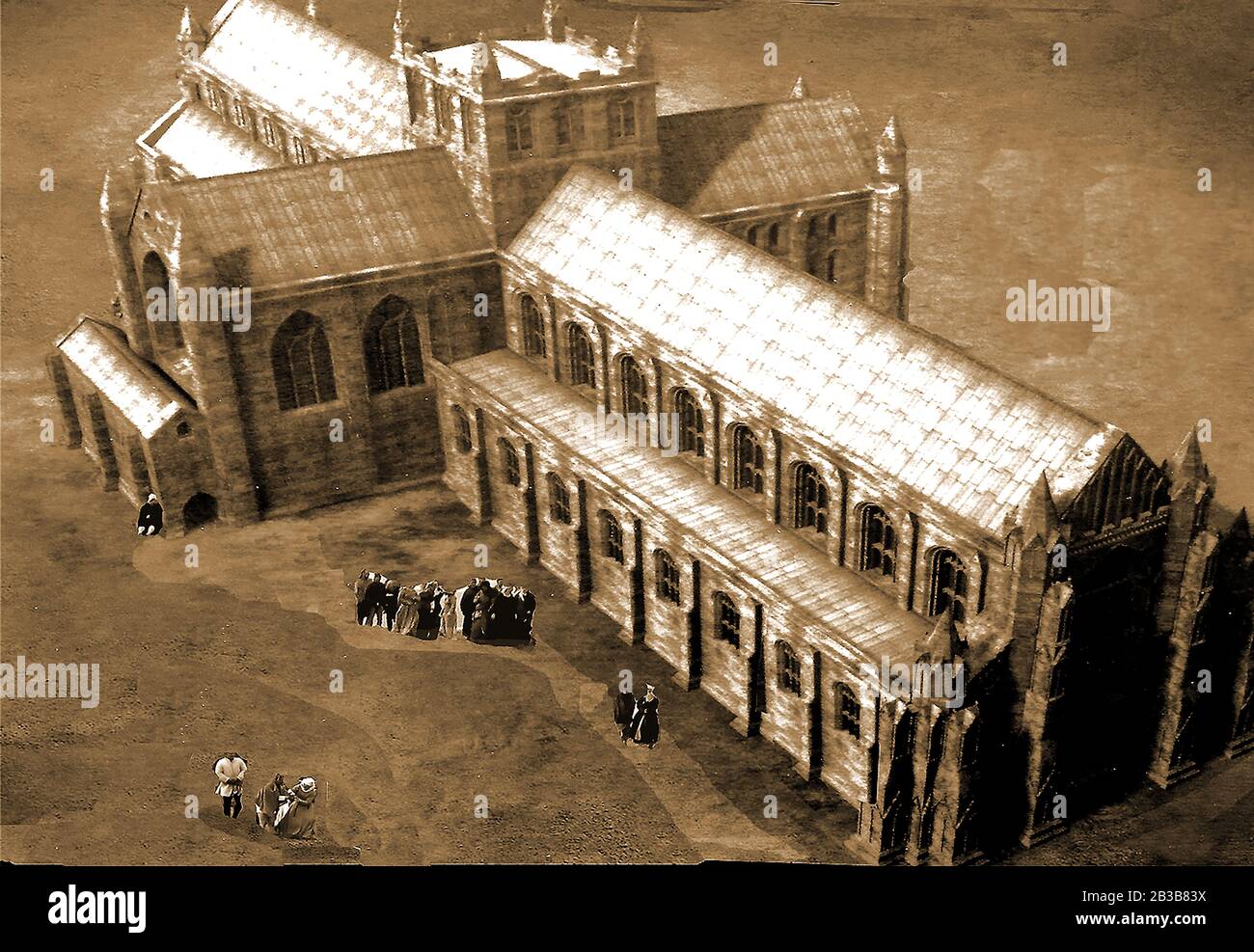 An artist's impression of what Whitby Abbey, North Yorkshire as it would have looked before the  dissolution / suppression of the monasteries 1536-1541. Stock Photo
