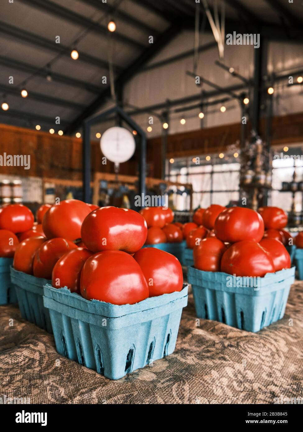 Farm fresh beefsteak tomatoes on display for sale in a rural Alabama farmer's market or roadside market in Pike Road Alabama, USA. Stock Photo