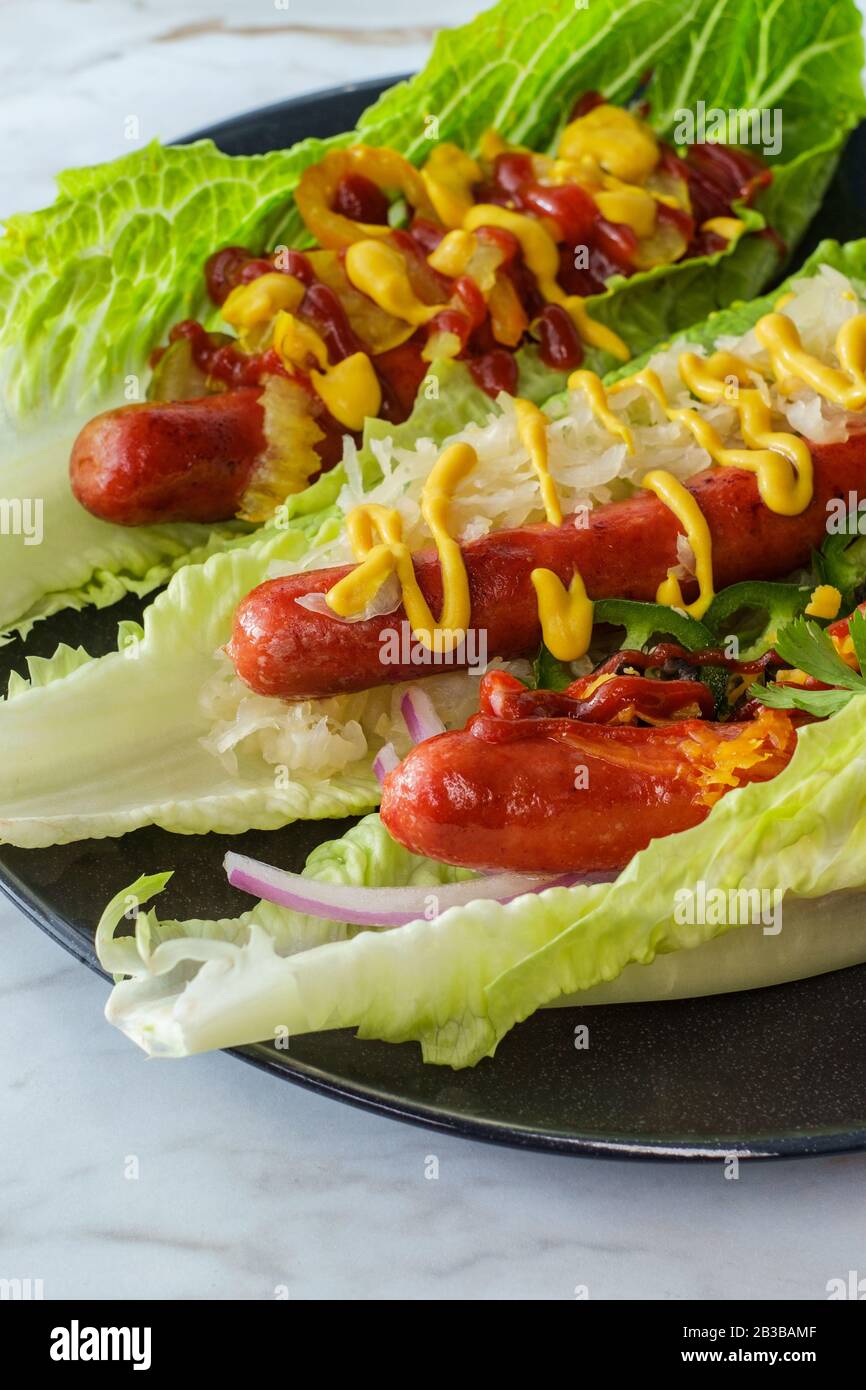 Glutenfree diet nobun hot dog lettuce wraps Stock Photo Alamy