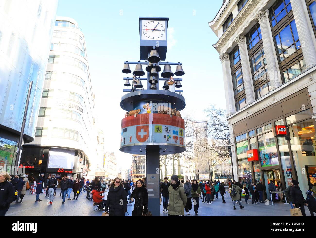 The historical Swiss Glockenspiel on Leicester Square, in London's West End, in the UK Stock Photo