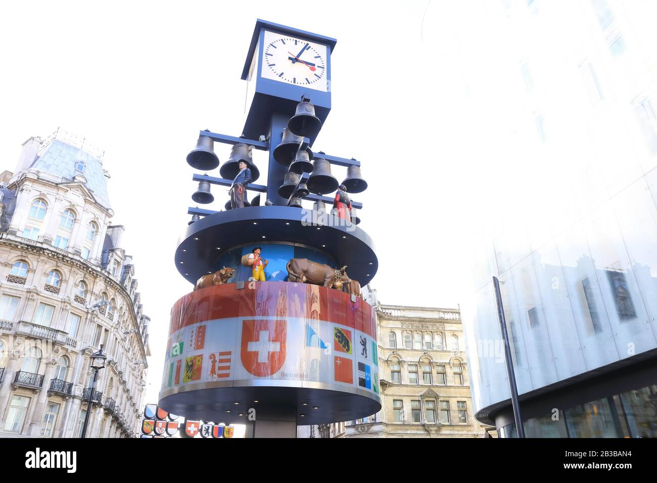 The historical Swiss Glockenspiel on Leicester Square, in London's West