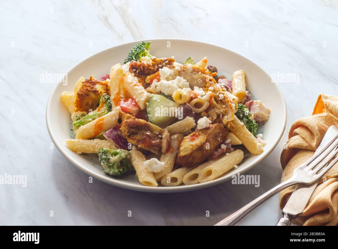 Greek Middle Eastern Chicken Shawarma And Hummus Pasta Salad With Feta Cheese Stock Photo Alamy