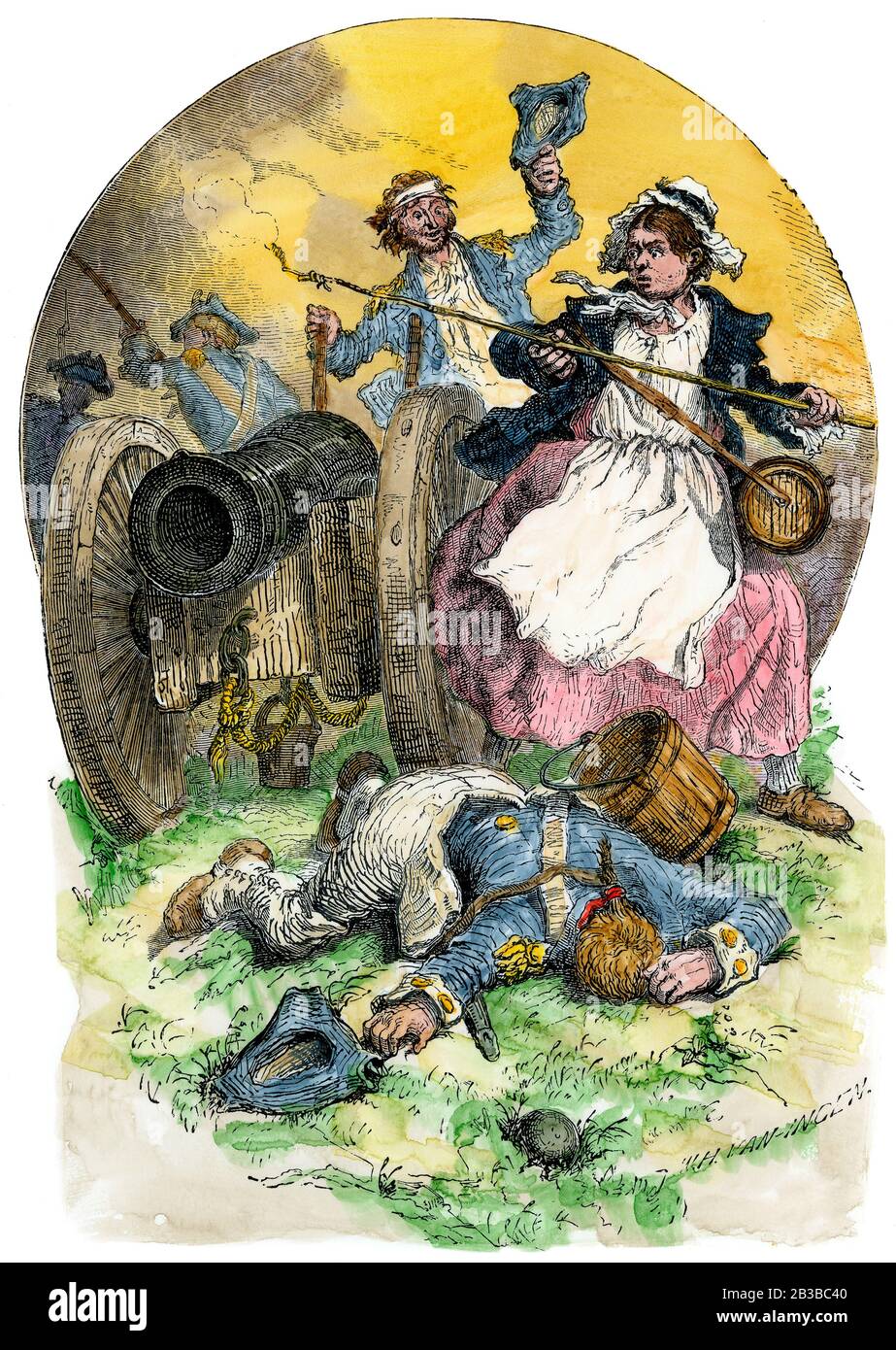 Moll Pitcher firing a cannon at the battle of Monmouth, 1778. Hand-colored woodcut Stock Photo