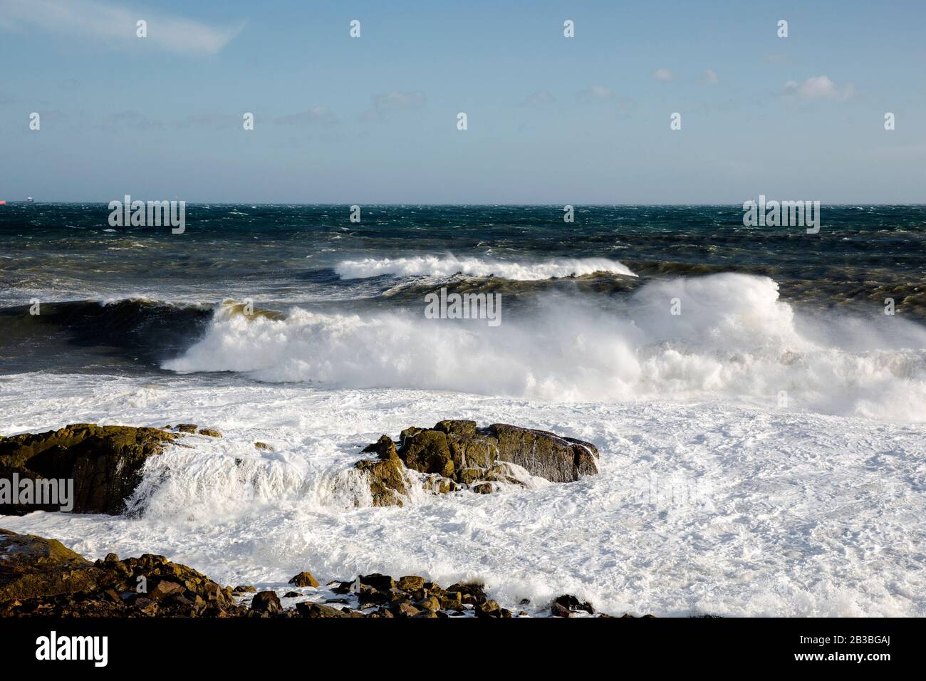 Photo of Stormy Sea Waves at Greyhope Bay, Aberdeen Coast, Scotland Stock Photo