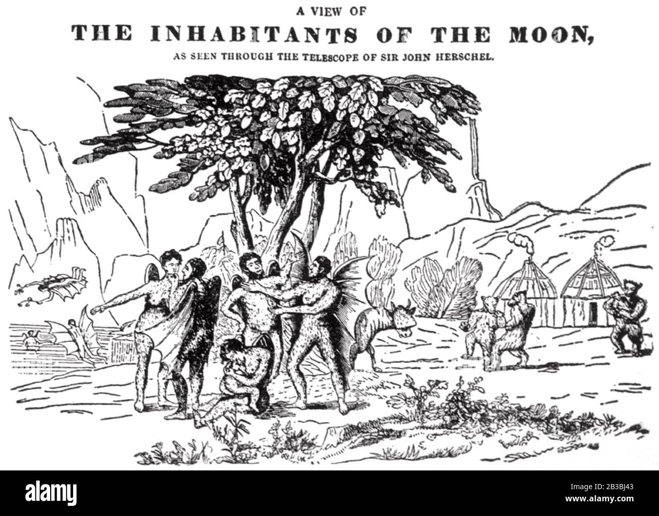 JOHN HERSCHEL (1792-1871) English astronomer and polymath. A contemporary cartoon showing the imaginary inhabitants of the moon revealed by his telescope. Stock Photo