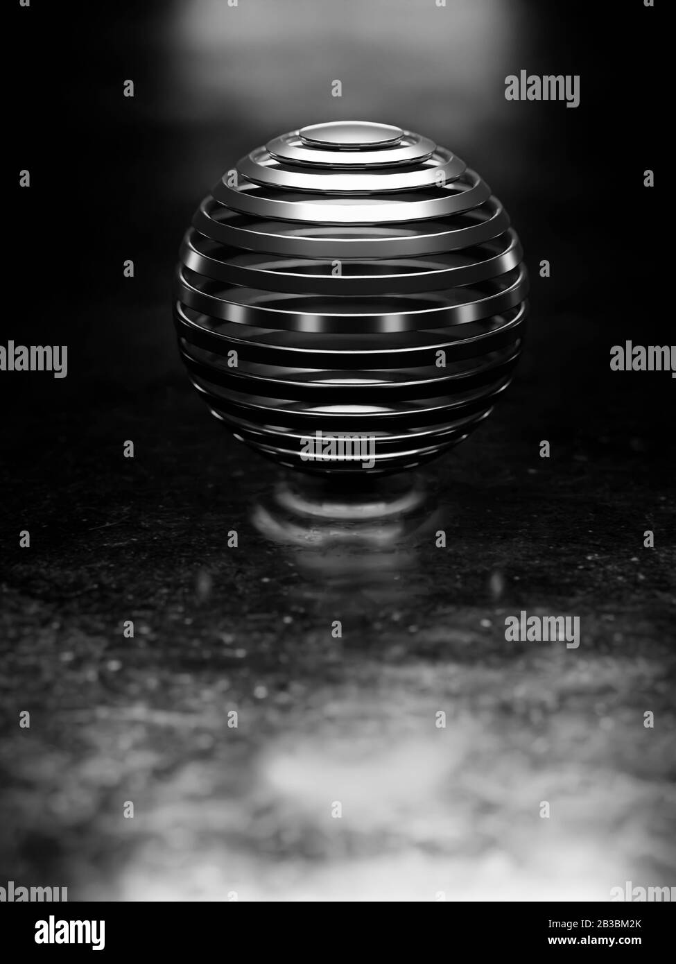 3d abstract metallic ribbed sphere on metallic flat floor with light behind, 3d illustration Stock Photo