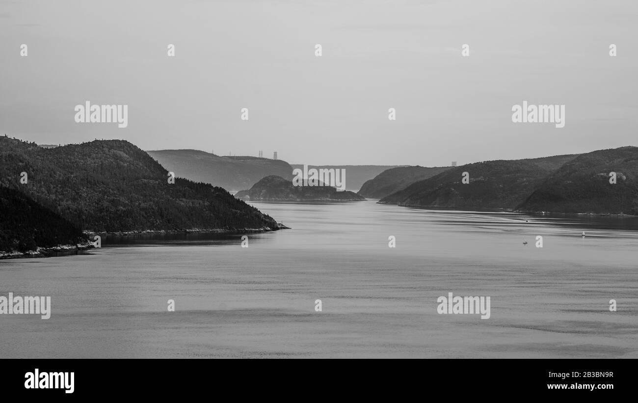 Anse de Tabatière, Canada - August 16 2019: The black and white panorama view of Saguenay river from the Anse de Tabatière Stock Photo