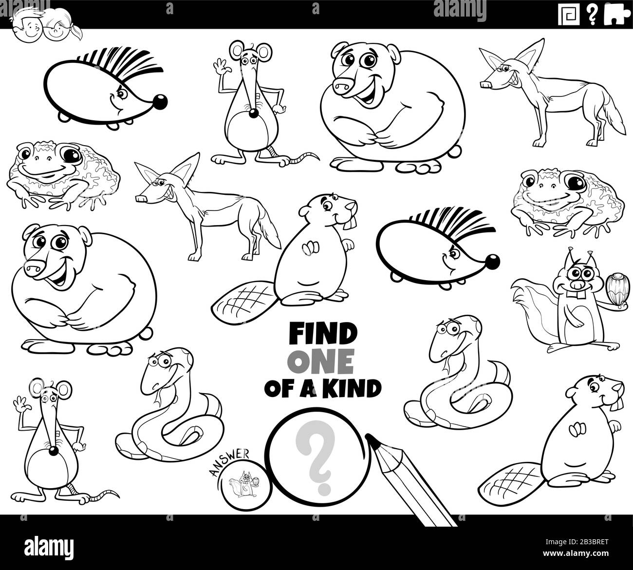 Black and White Cartoon Illustration of Find One of a Kind Picture Educational Game with Funny Wild Animal Characters Coloring Book Page Stock Vector