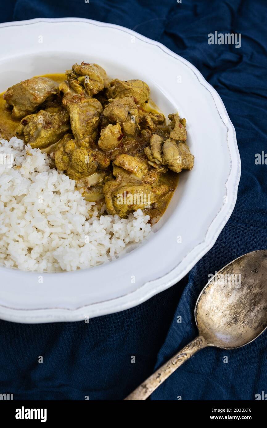 Orange spicy chicken curry and white basmati rice in a white plate on a dark blue background. Indian traditional cuisine. Stock Photo