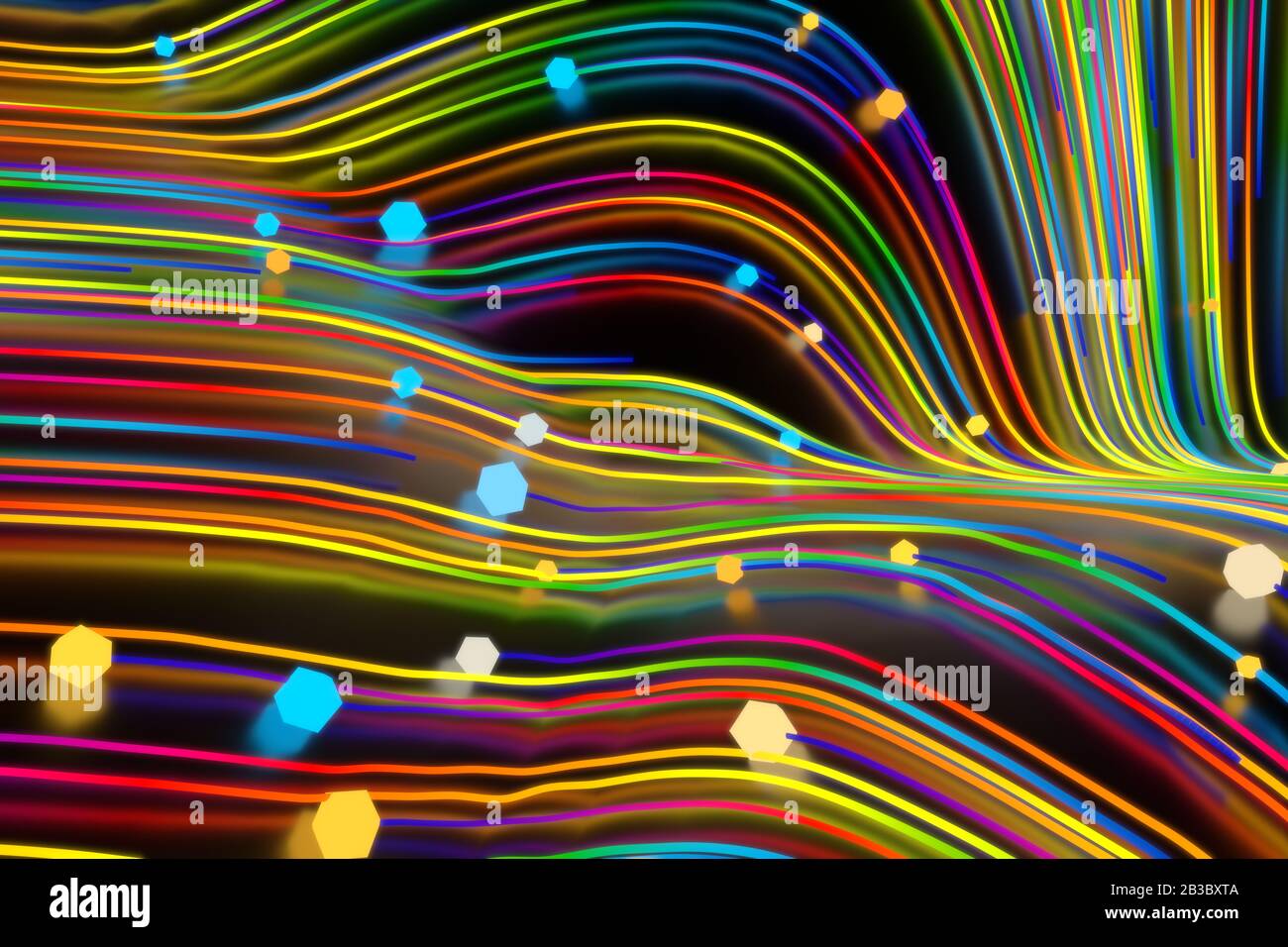 Neon glowing twisted cosmic lines on the glossy surface. Turbulence ...