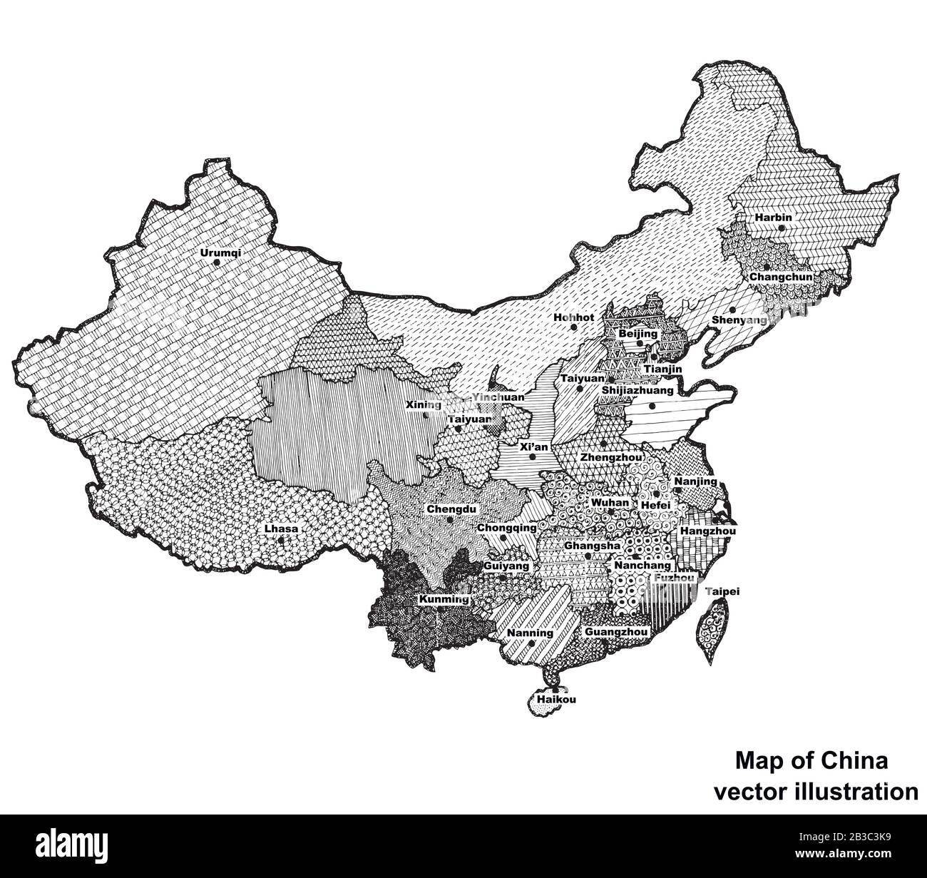 Bright Map of China. Vector map of China graphic illustration on white