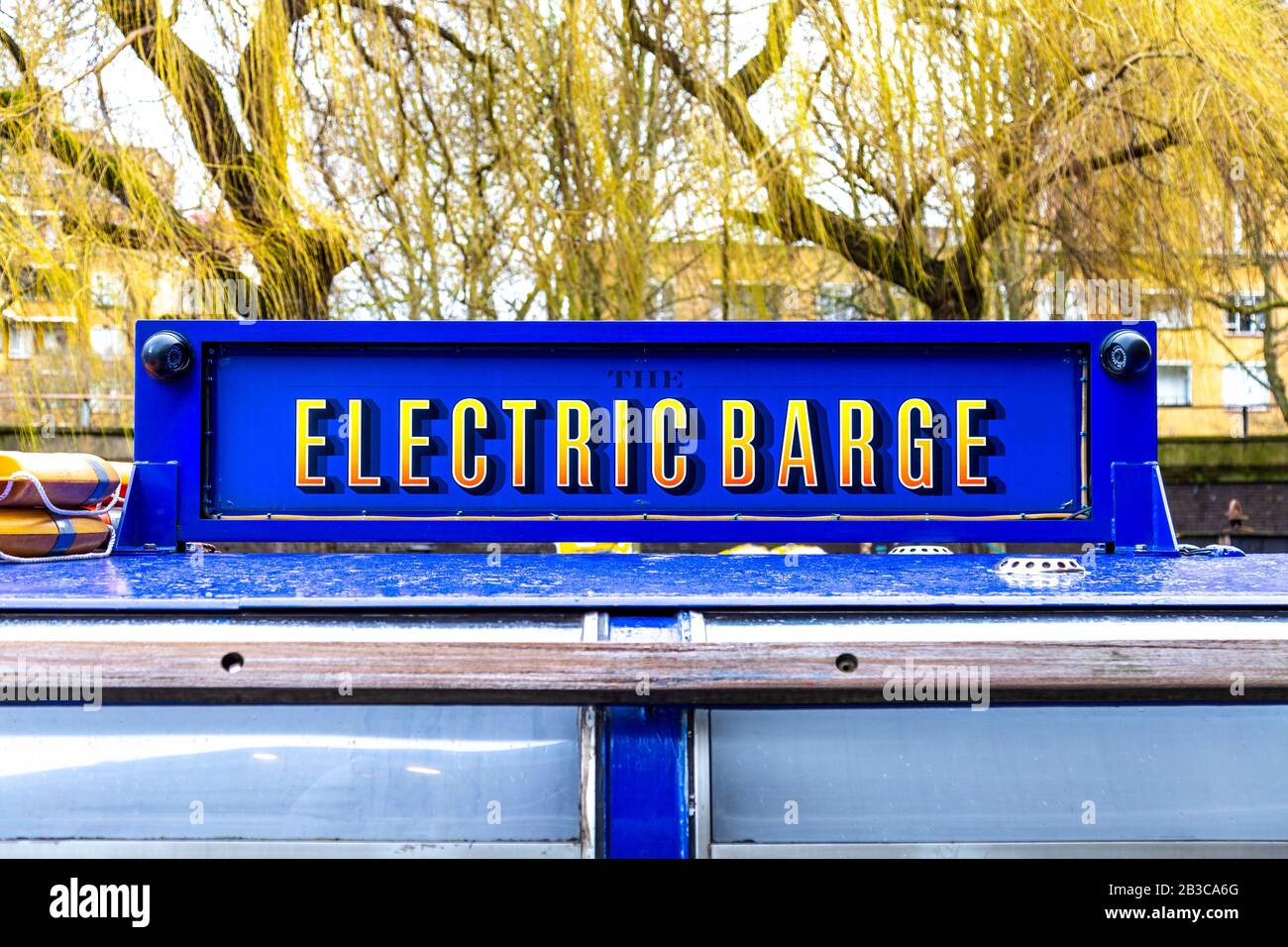 Close-up of the Electric Barge party boat for hire in Paddington, London, UK Stock Photo