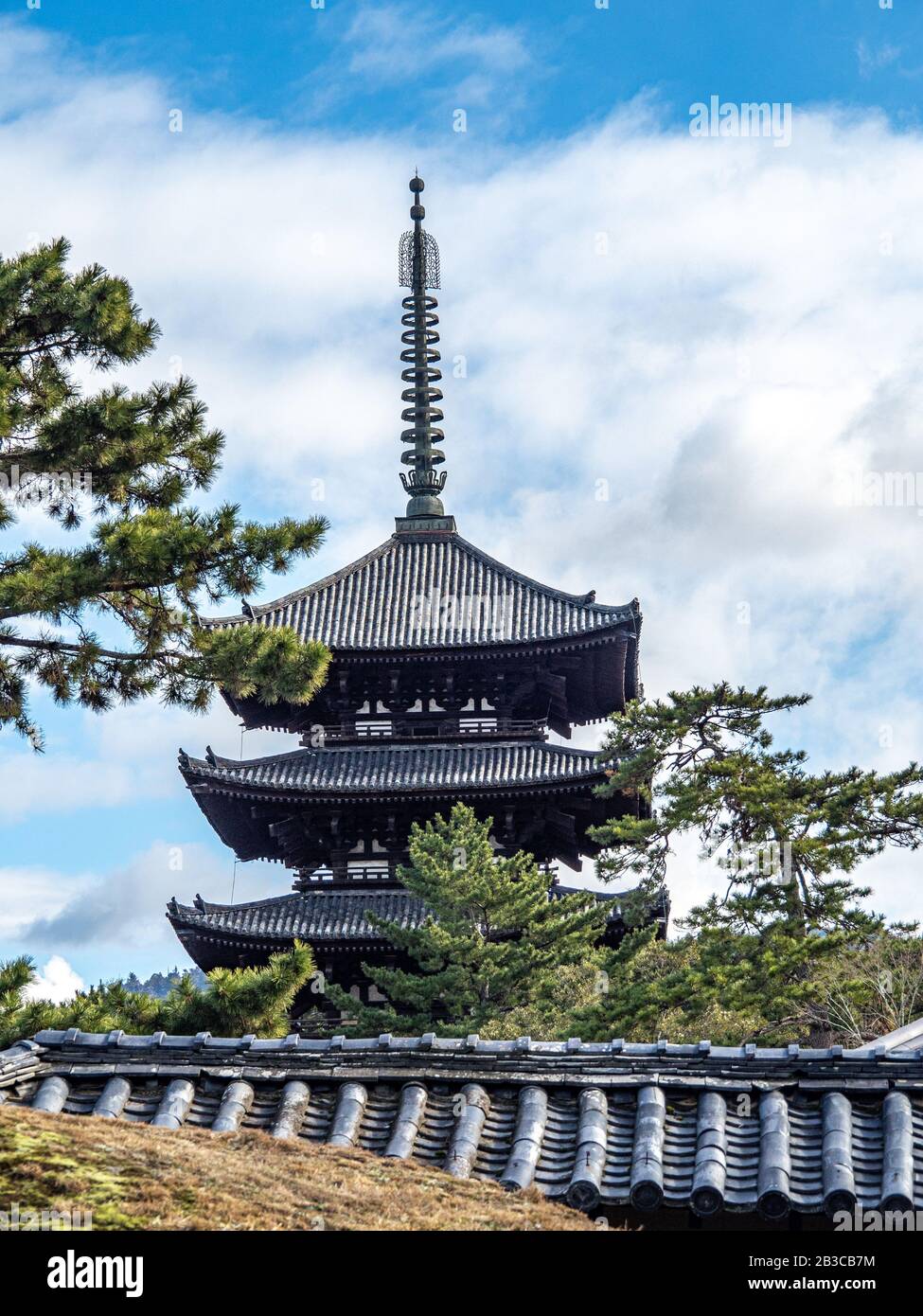 Ancient wooden pagoda of the Horyu-ji Temple. Stock Photo