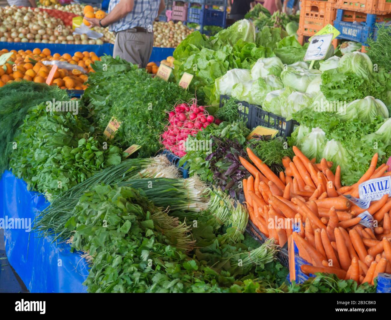 colorful counter of fruit and vegetable market Stock Photo