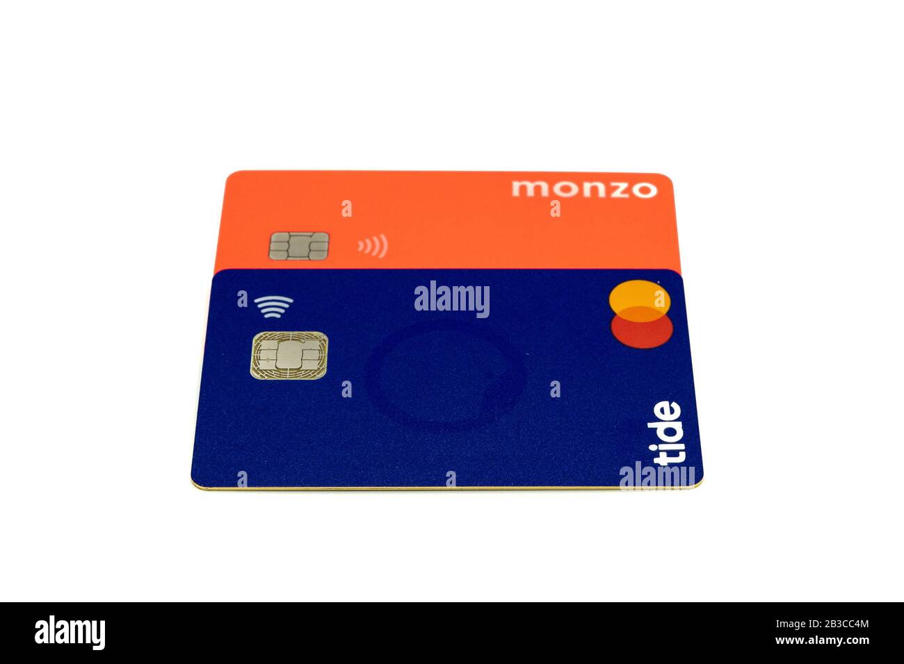 Two debit cards from online banks on for Tide bank and one for Monzo bank Stock Photo