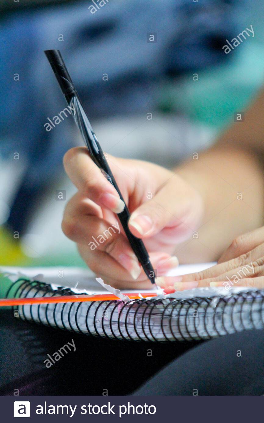 Woman With Pen In Hand Drawing On Notebook In Rio De Janeiro Stock Photo Alamy