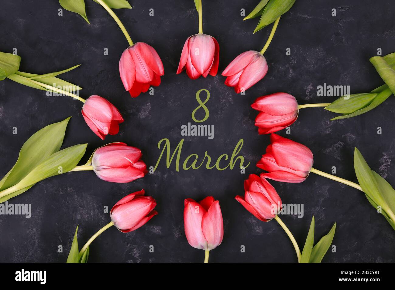 8 March Women S Day Greeting Card With Spring Flowers Pink Tulips On Black Background International Womens Day Or Mothers Day Stock Photo Alamy