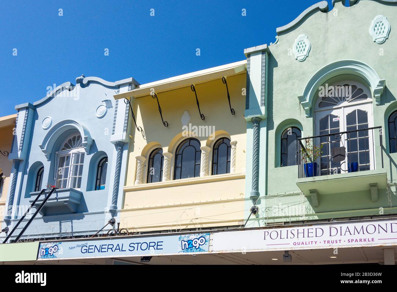 Spanish mission styled architecture, New Regent Street, Christchurch, Canterbury, New Zealand Stock Photo