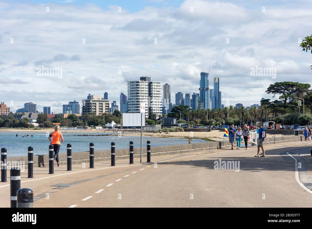 Brisbane Central Business District from St Kilda West Beach, St Kilda, Melbourne, Victoria, Australia Stock Photo