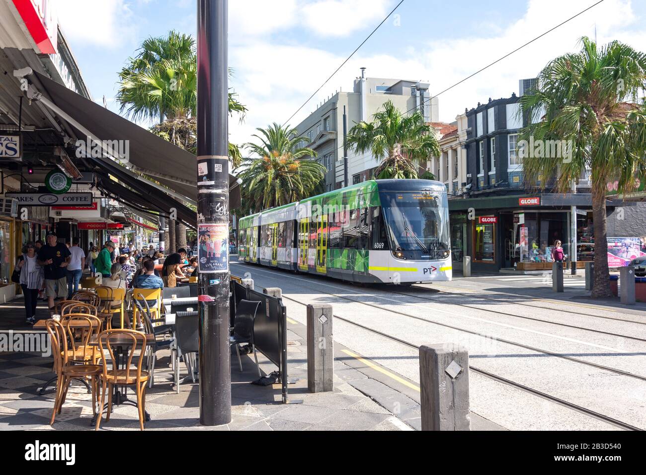 Coffee shops and local public tram, Acland Street, St Kilda, Melbourne, Victoria, Australia Stock Photo