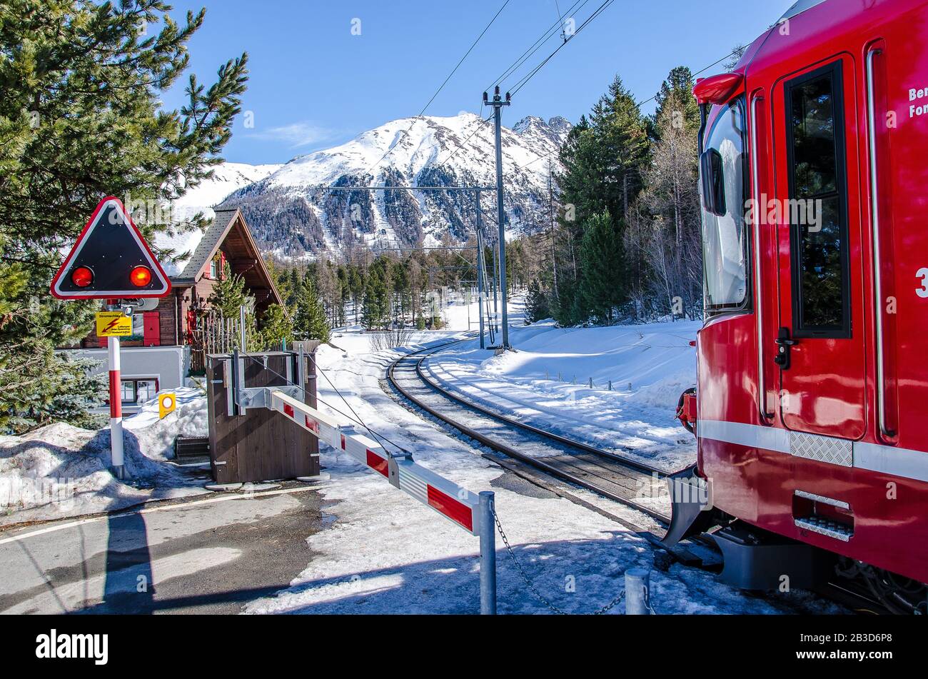 The Rhaetian Railway abbreviated RhB, is a Swiss transport company that owns the largest network of all private railway operators in Switzerland. Stock Photo