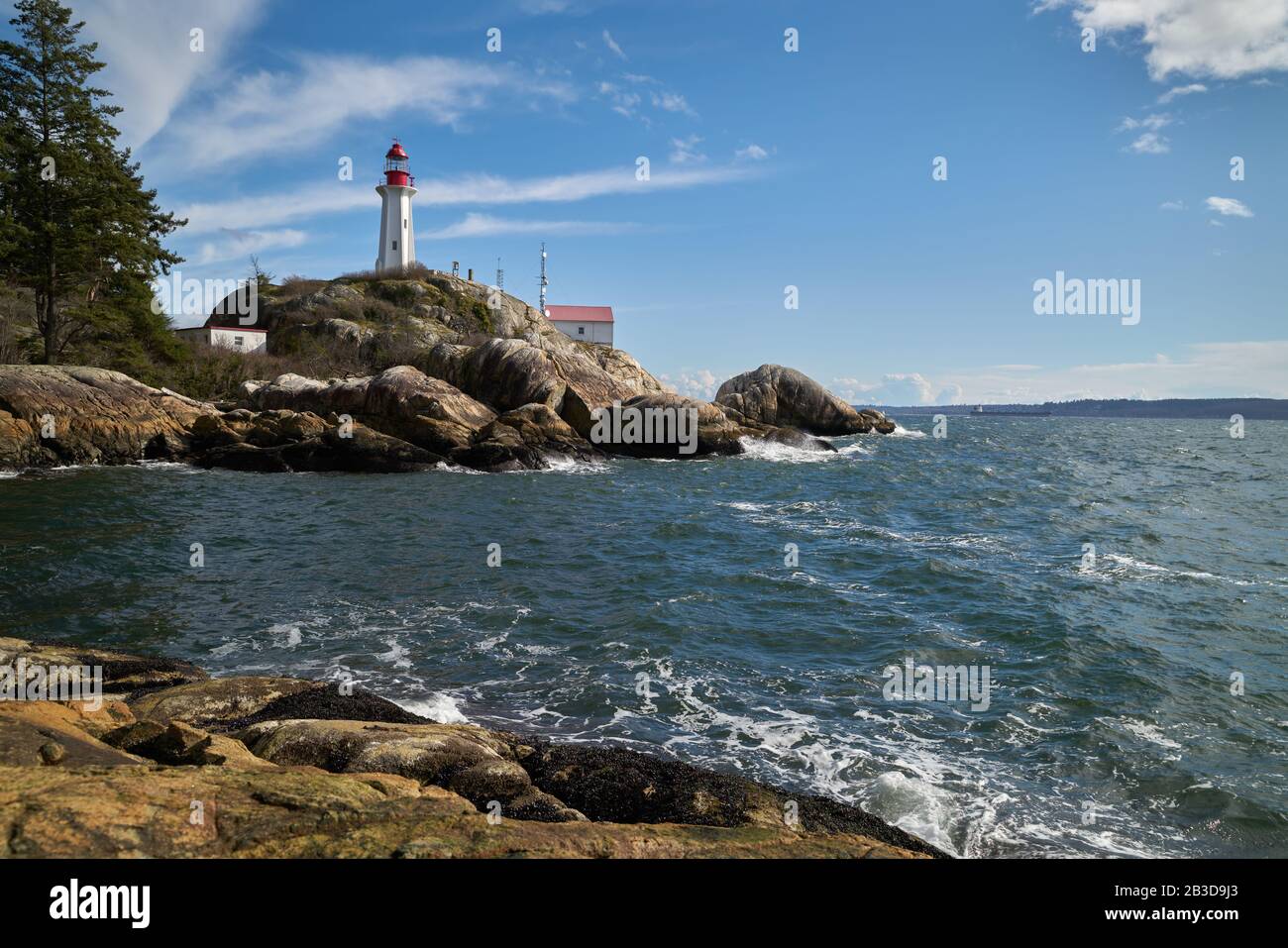 Point Atkinson Lighthouse British Columbia. Historic Point Atkinson Lighthouse, overlooking Georgia Strait. Vancouver, British Columbia, Canada. Stock Photo