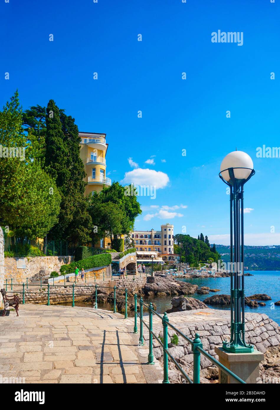 Seaside promenade Lungomare with hotels, Opatija, Istria, Kvarner Gulf Bay, Croatian Adriatic Sea, Croatia Stock Photo