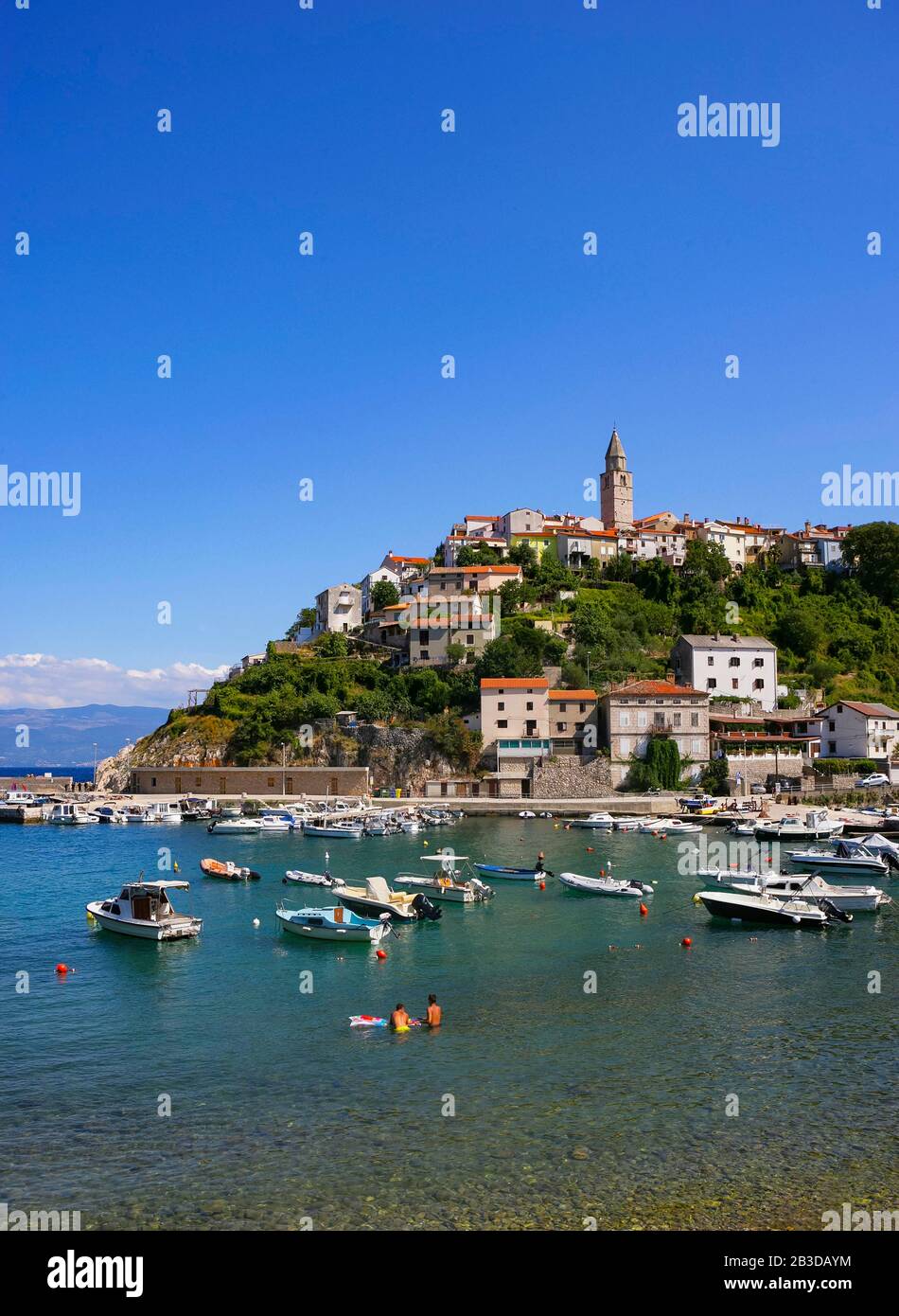 View from the port to the old town, Vrbnik, island Krk, Kvarner Gulf bay, Croatian Adriatic coast, Croatia Stock Photo