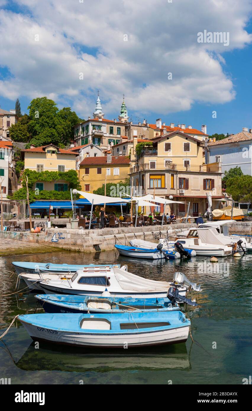 Port and village view, Volosko near Opatija, Istria, Kvarner Gulf Bay, Croatian Adriatic Sea, Croatia Stock Photo