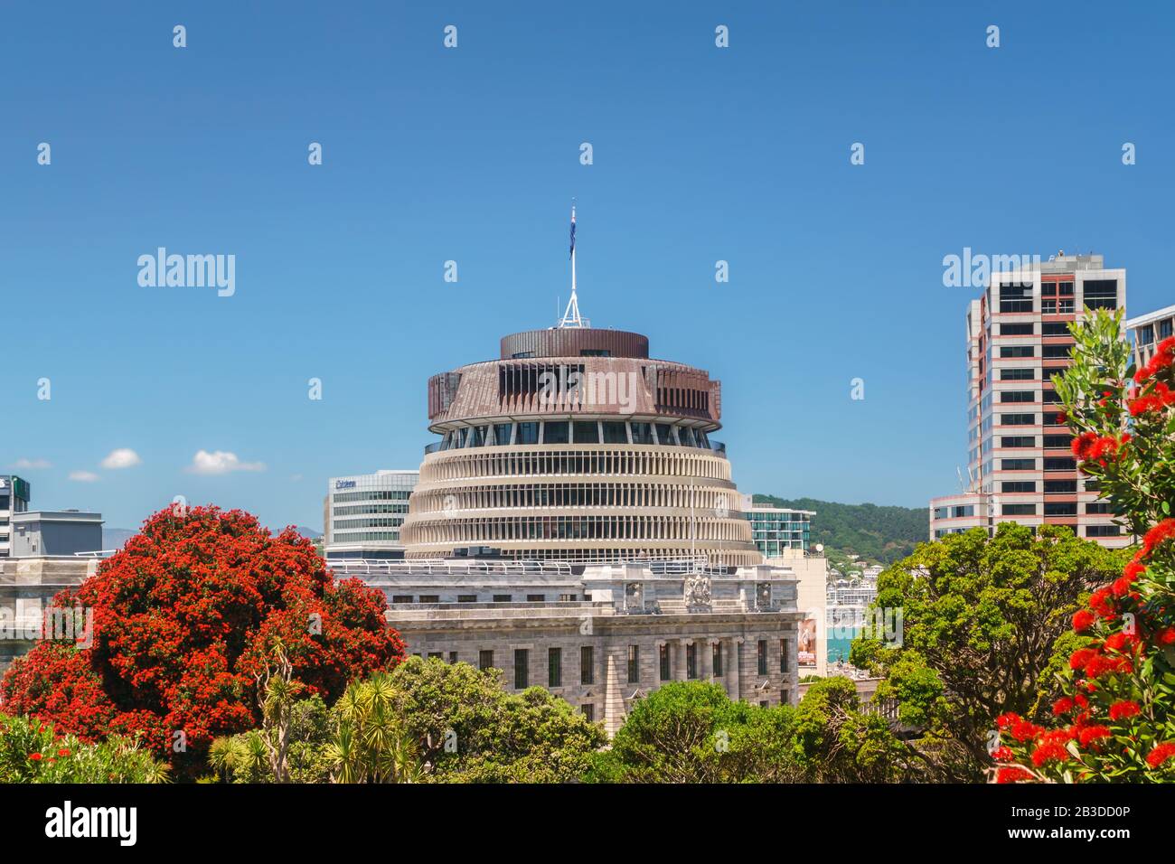 Parliament buildings located in Wellington, New Zealand. The Executive Wing is a distinctive shape and is commonly referred to as The Beehive. Stock Photo
