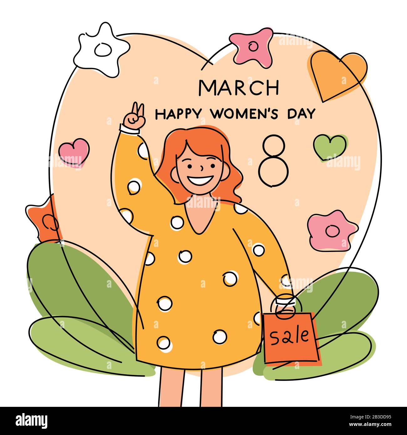Party flyer, banner or template with young girl for International Women s Day celebration. Girl with shopping bags. Big sale, discount, advertising Stock Vector