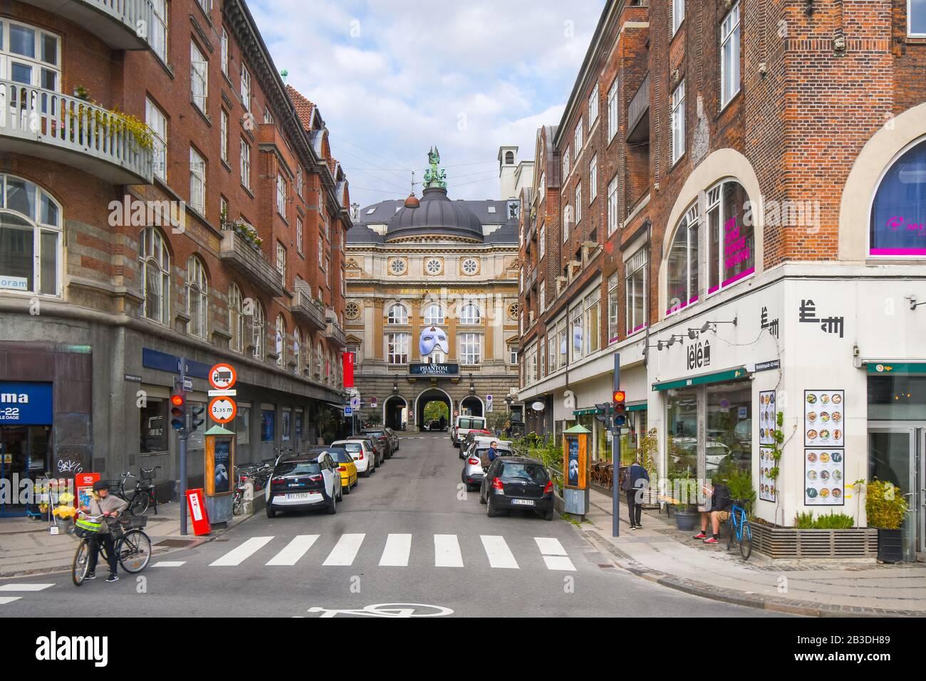 View of the Det Ny Teater, an established theatre in Copenhagen, Denmark, first opened in 1908, featuring a poster for the Phantom on it's facade Stock Photo