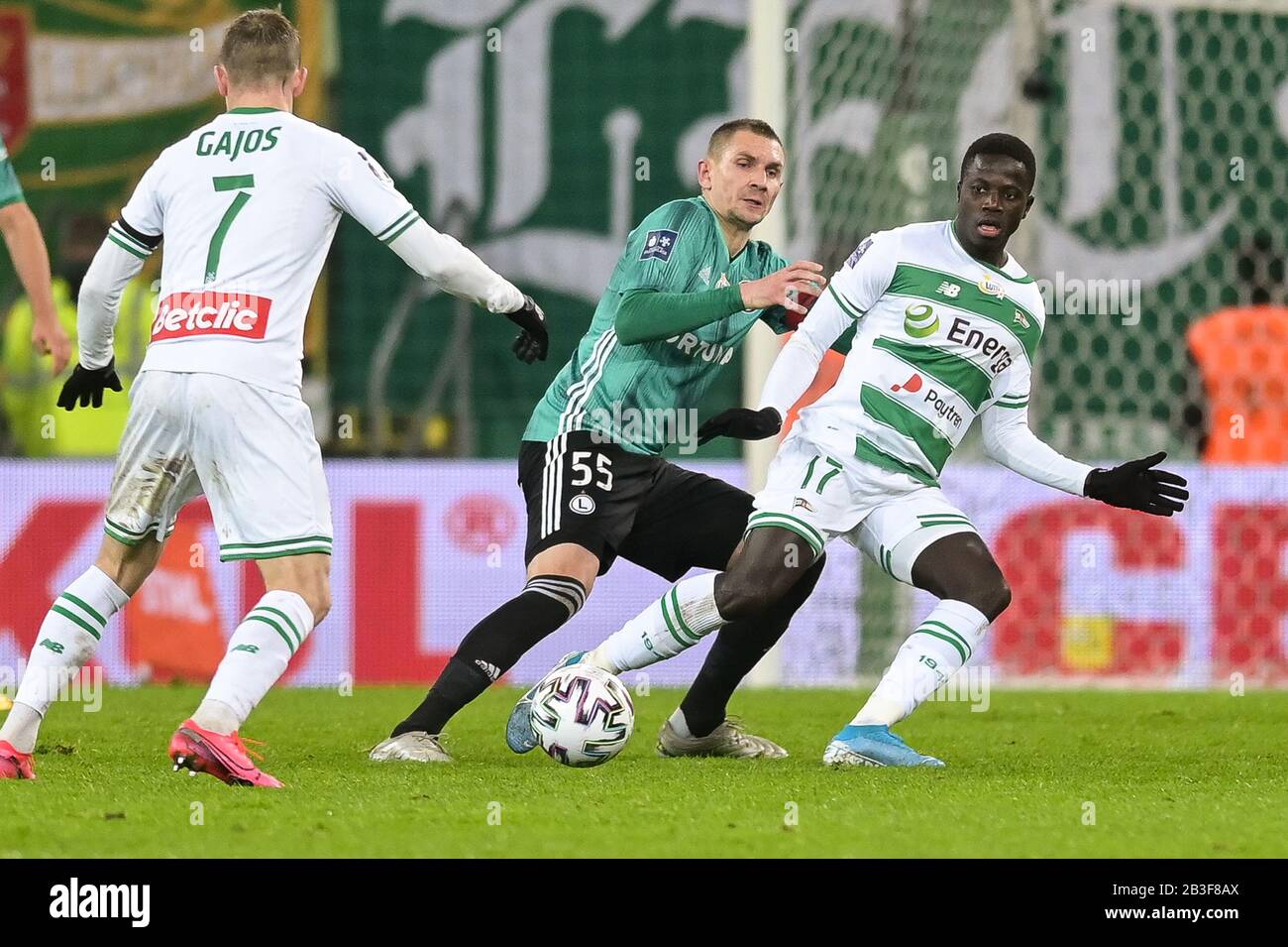 Artur Jedrzejczyk of Legia (L) and Ze Gomes of Lechia (R) are seen in action during the Polish Ekstraklasa match between Lechia Gdansk and Legia Warsaw. ( Final score; Lechia Gdansk 0:2 Legia Warsaw) Stock Photo