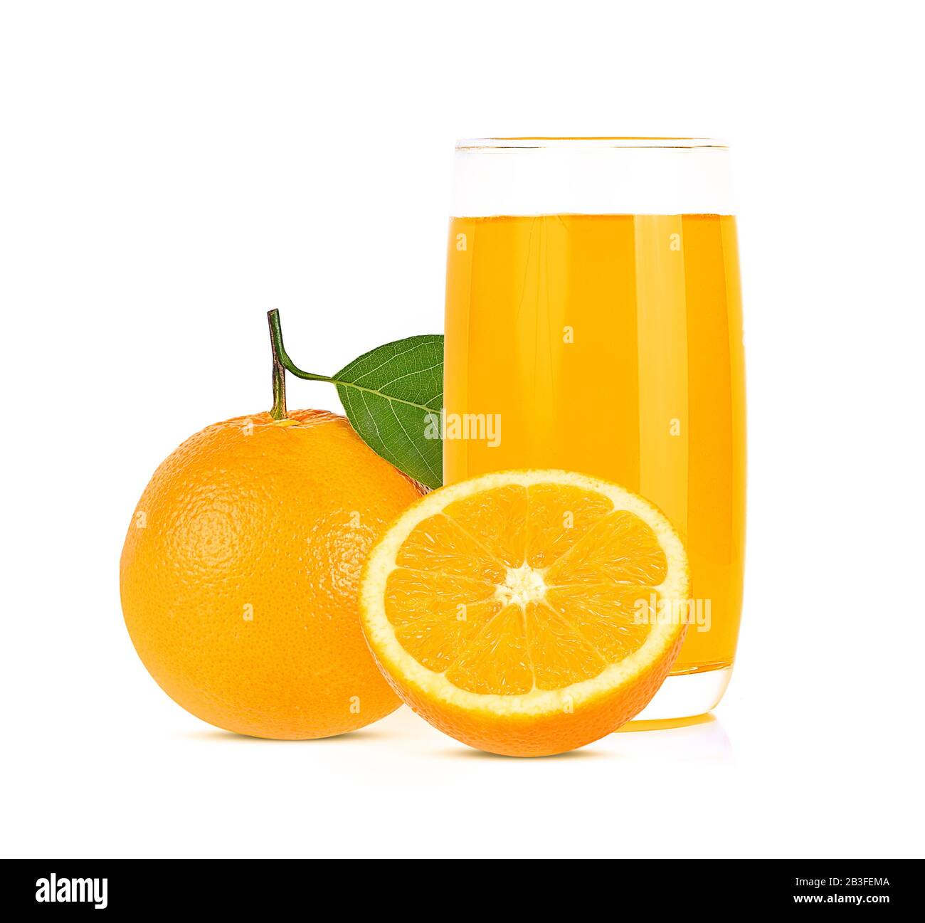 Orange juice with pulp and sliced fruits isolate on white background. Stock Photo