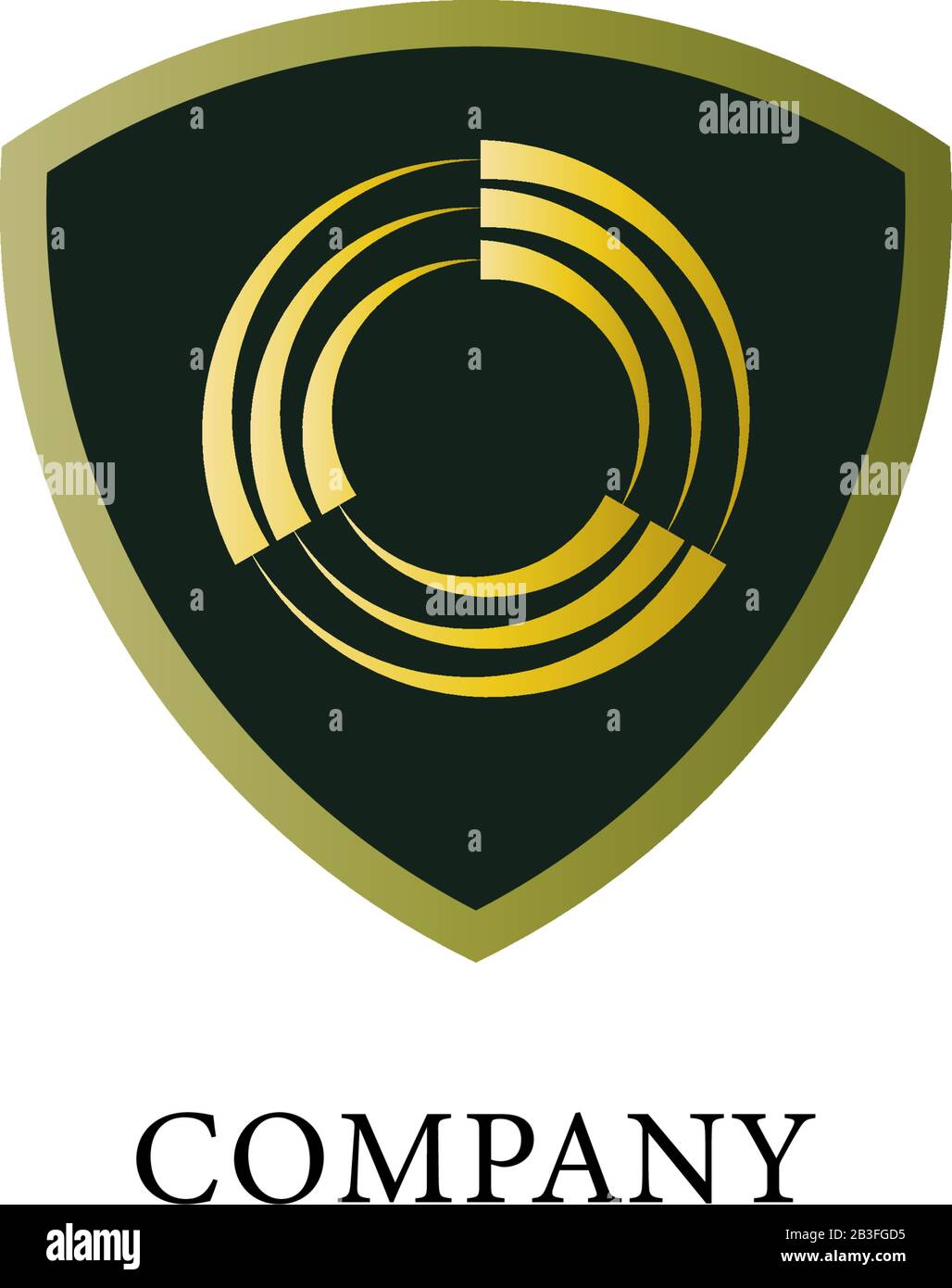 Dark Green Shield sign with gold cycle illustration in the midle