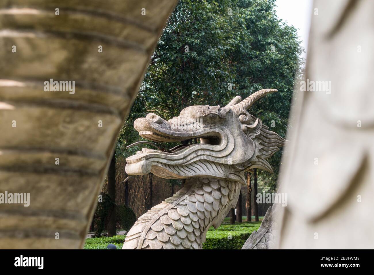 A big dragon head statue in a green park Stock Photo