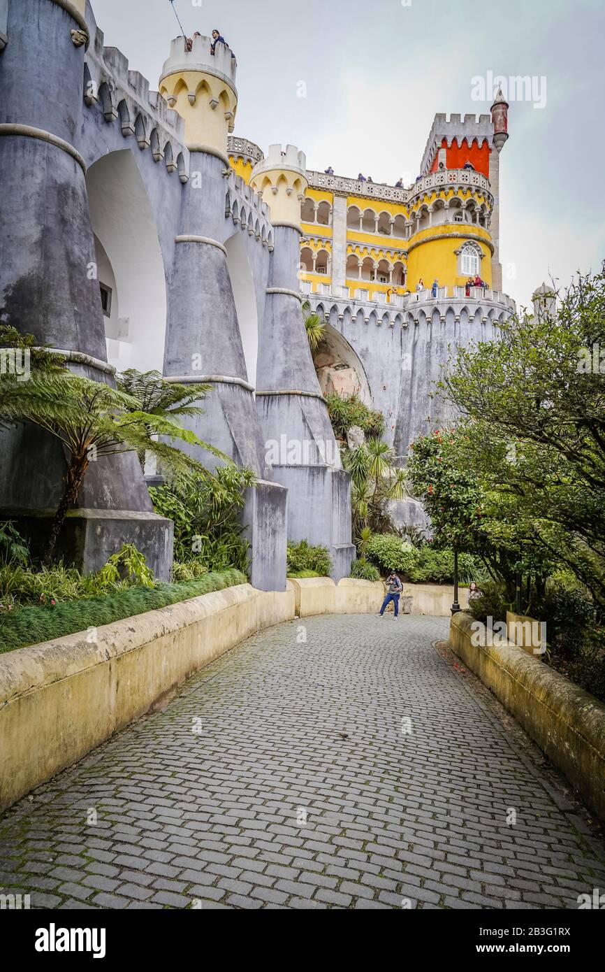 Park and National Palace of Pena (Palácio da Pena) is a Romanticist castle in São Pedro de Penaferrim, in the municipality of Sintra, on the Portugues Stock Photo