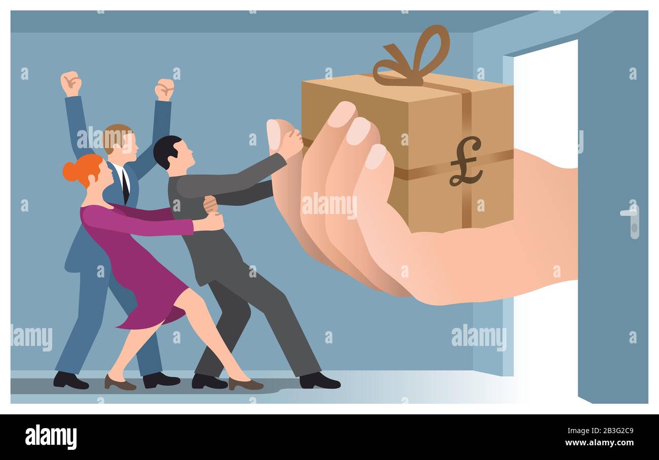 People pulling big hand holding gift with pound symbol Stock Photo