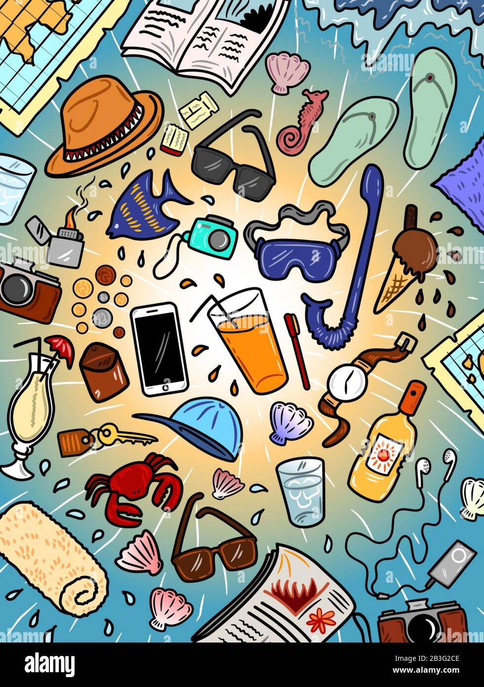 Assorted beach holiday accessories Stock Photo