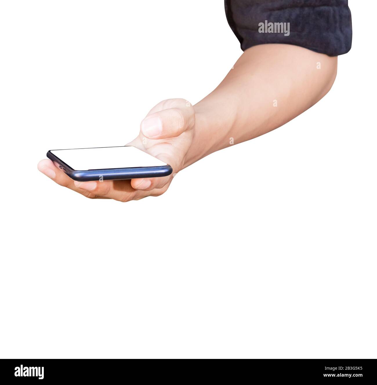 hand man holding mobile phone with blank screen isolated on white ...