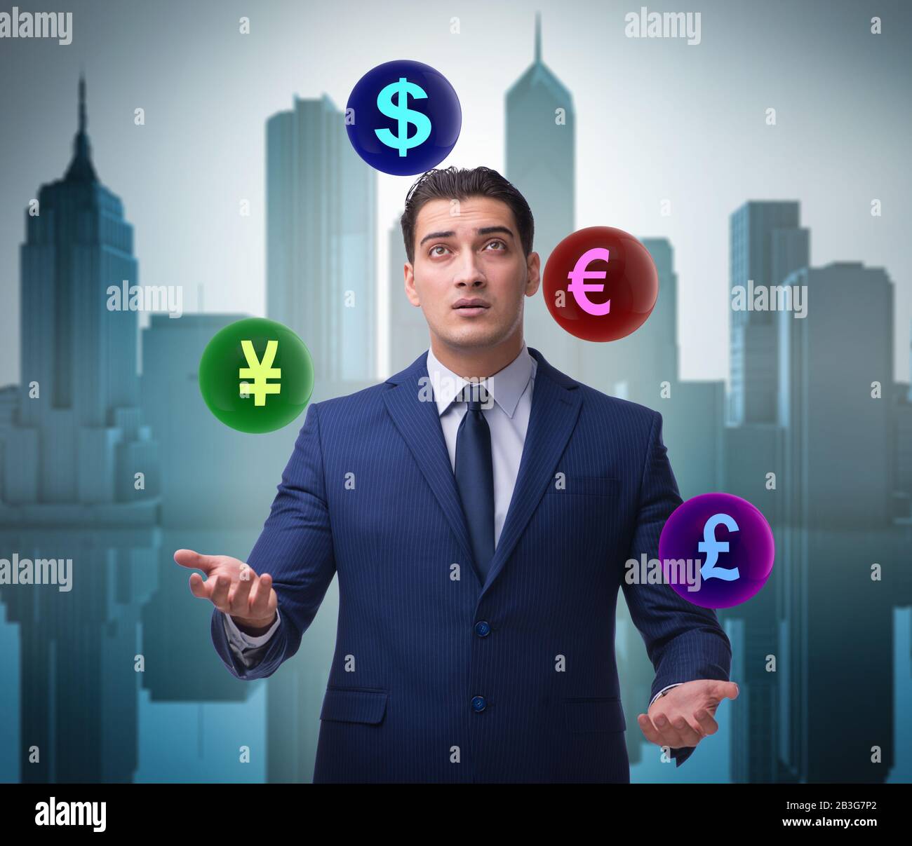 The businessman juggling between various currencies Stock Photo Alamy