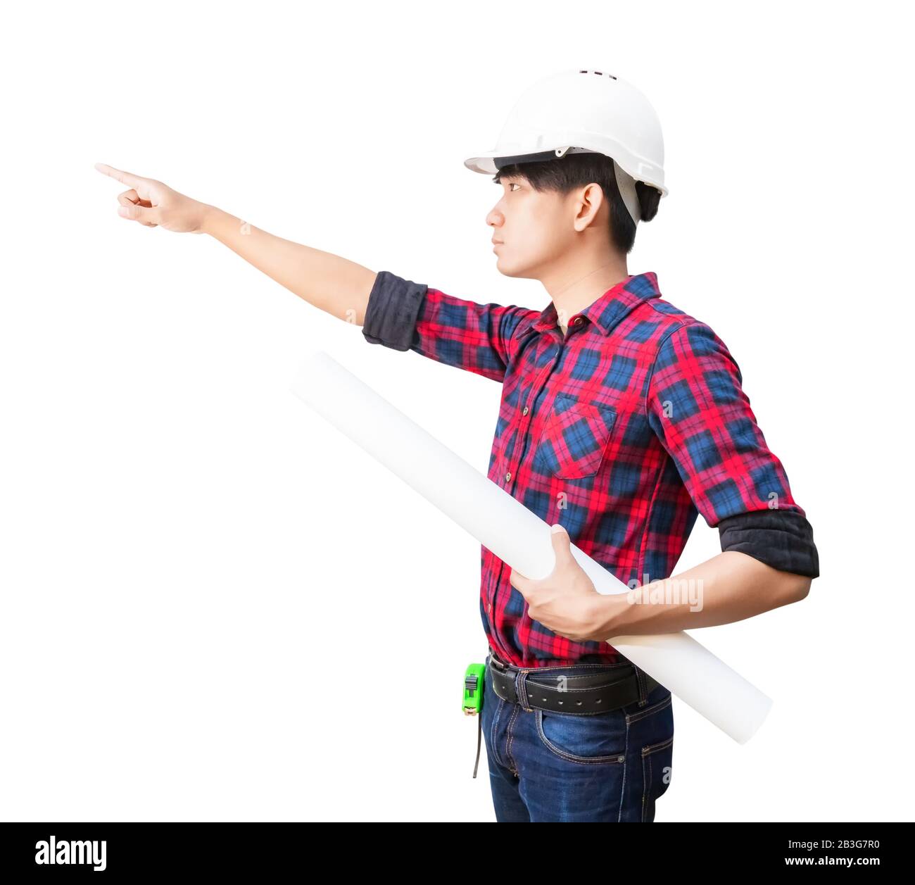 Engineer finger point with holding rolled blueprints inspect ...