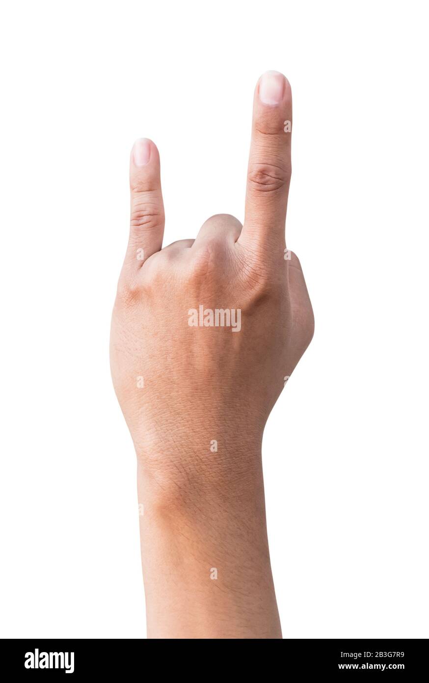 hand symbols devil horn showing on white background Stock Photo Alamy
