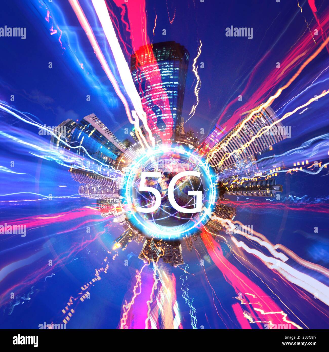 5g concept of internet system connection is faster technology. 5g with city 360 degree background Stock Photo