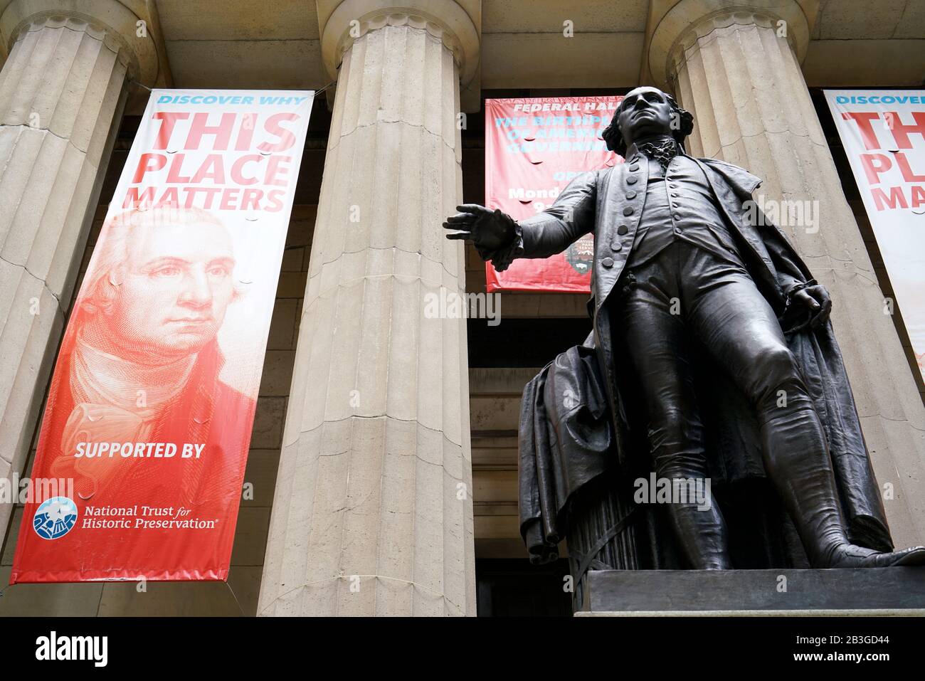 Statue of George Washington by American sculptor John Quincy Adams Ward in front of Federal Hall National Memorial.Wall Street.Lower Manhattan.New York City.USA Stock Photo