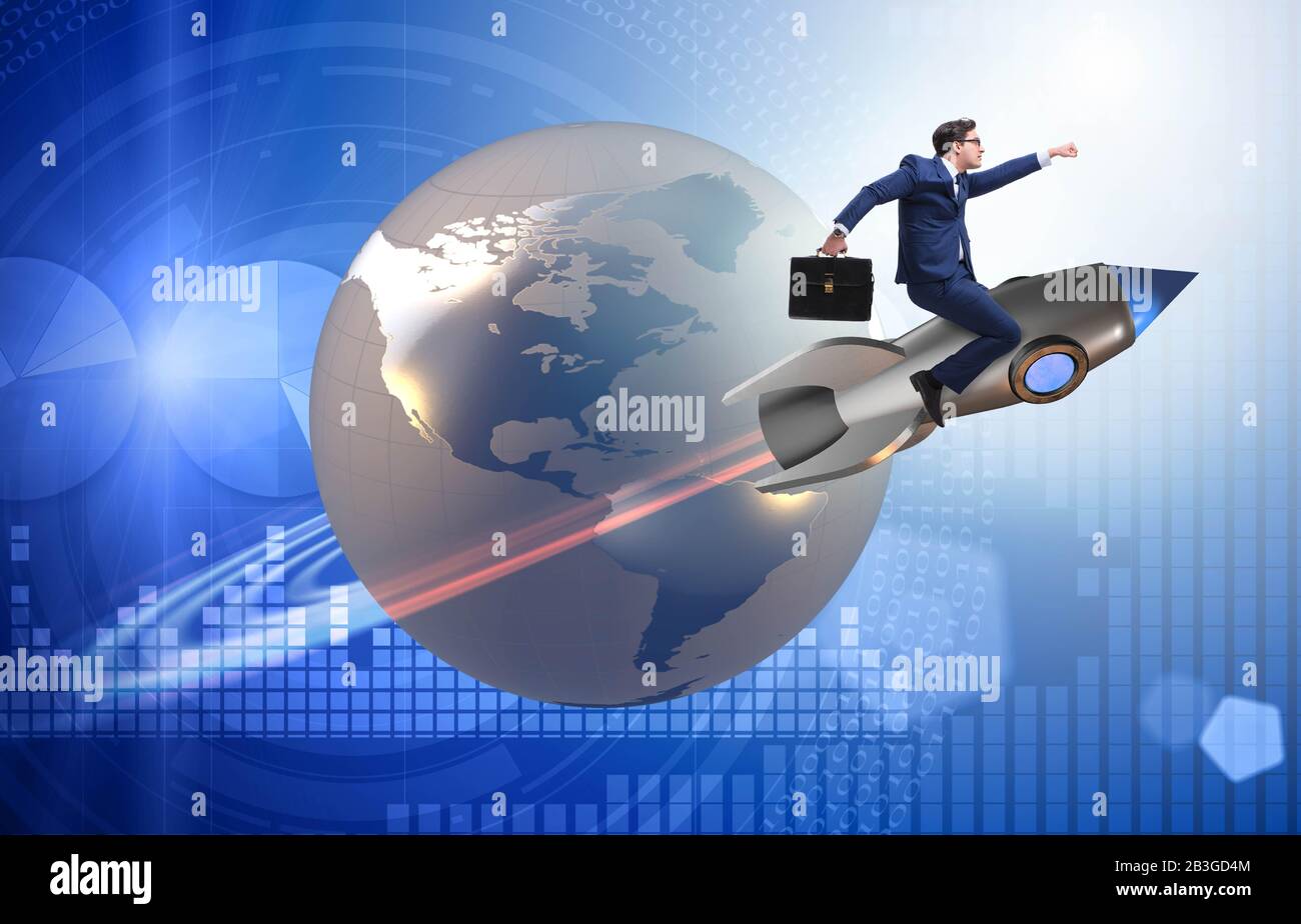 The businessman on the rocket in global business concept Stock Photo ...