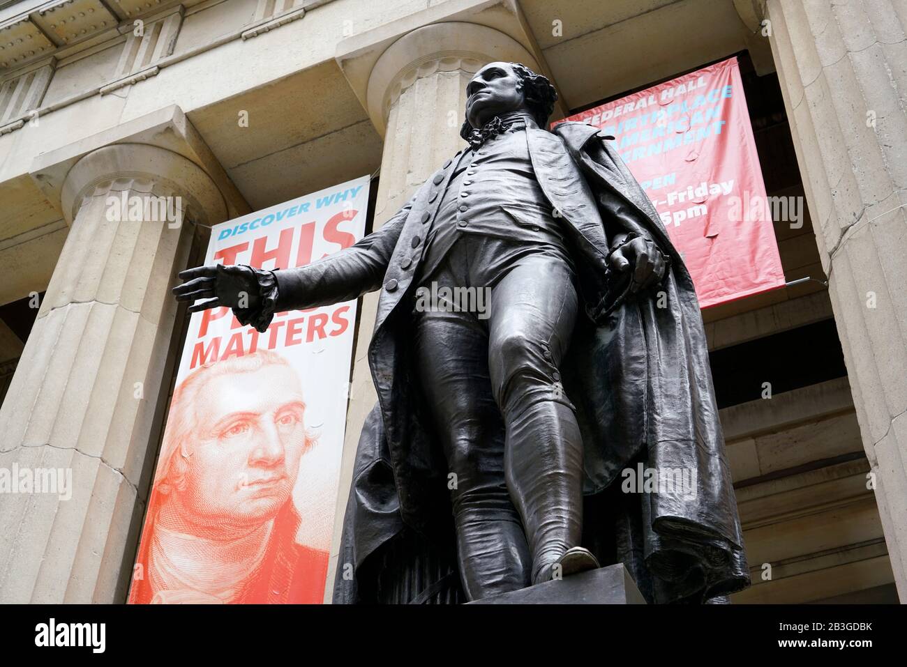 Statue of George Washington by American sculptor John Quincy Adams Ward in front of Federal Hall National Memorial.Wall Street.Lower Manhattan.New York City.USA Stock Photo